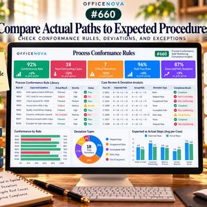 May include: A computer monitor displays a Process Conformance Rules dashboard with data visualizations, including bar charts, a pie chart, and tables comparing actual paths to expected procedures, labeled with OfficeNova branding.