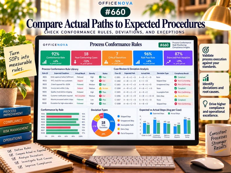 May include: A computer monitor displays a Process Conformance Rules dashboard with data visualizations, including bar charts, a pie chart, and tables comparing actual paths to expected procedures, labeled with OfficeNova branding.