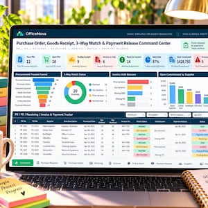 May include: A laptop screen displaying the OfficeNova Purchase Order, Goods Receipt, 3-Way Match & Payment Release Command Center dashboard. The interface features data visualisations, including a procurement funnel, pie charts, and bar graphs.