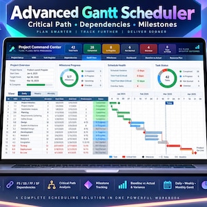 May include: A laptop screen displaying an Advanced Gantt Scheduler project management interface with a dashboard, task lists, and a timeline chart. The software includes sections for project overview, milestone progress, schedule health, and task status.