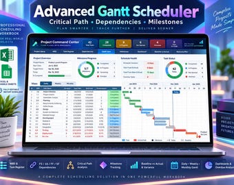 May include: A laptop screen displaying an Advanced Gantt Scheduler project management interface with a dashboard, task lists, and a timeline chart. The software includes sections for project overview, milestone progress, schedule health, and task status.