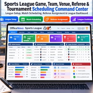 May include: A laptop screen displaying the OfficeNova Sports League scheduling command centre software. The interface features a dashboard with metrics for teams, matches, referees, and venues, alongside a division summary, upcoming fixtures, and league standings.