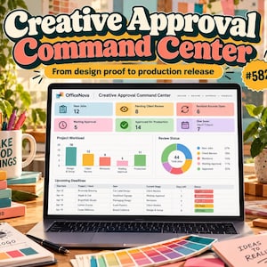 May include: A laptop displaying a Creative Approval Command Center dashboard with project workload charts, status indicators, and upcoming deadlines. The screen shows OfficeNova branding, job counts, and a pie chart. Surrounding items include a mug with text, color swatches, and notebooks.