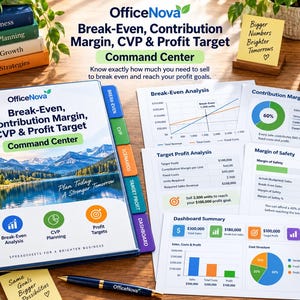 Può includere: Un raccoglitore blu intitolato OfficeNova Break-Even, Contribution Margin, CVP & Profit Target Command Center con un'immagine di un lago di montagna sulla copertina. Include schede colorate e diversi fogli di analisi finanziaria stampati con grafici e tabelle.