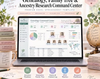 May include: A laptop displaying the OfficeNova Genealogy, Family Tree & Ancestry Research Command Center Excel spreadsheet template. The screen shows a dashboard with data charts, a family tree preview, and a list of recent people with birth dates.