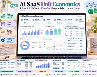 May include: An AI SaaS unit economics dashboard template for Excel and Google Sheets displayed on a laptop screen. The interface features charts, tables, and metrics for token usage, gross margin, break-even analysis, and subscription pricing.