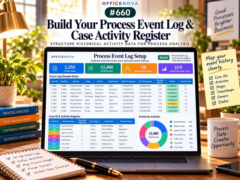 May include: A laptop screen displays a Process Event Log and Case Activity Register dashboard with data tables, a pie chart, and metrics. The screen shows text including OfficeNova, #660, and Build Your Process Event Log & Case Activity Register.