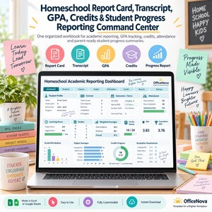 May include: A digital homeschool academic reporting dashboard displayed on a laptop screen. The interface includes sections for student profiles, courses, grades, attendance, credits, and GPA tracking. The layout features charts, progress bars, and data tables for academic management. The OfficeNova branding is visible in the corner. The screen displays text including Homeschool Academic Reporting Dashboard, student details, and various metrics for tracking educational progress.