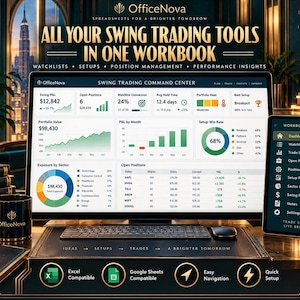 May include: A digital swing trading workbook displayed on a computer monitor and tablet. The screen shows financial data, including P&L, portfolio value, and sector exposure. Text reads: All Your Swing Trading Tools In One Workbook, OfficeNova.