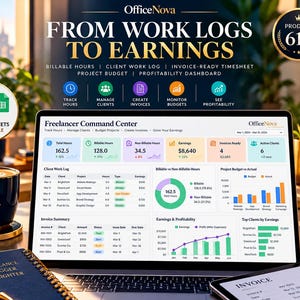 Könnte beinhalten: Ein Laptop-Bildschirm zeigt das OfficeNova Freelancer Command Center Dashboard mit Daten zu abrechenbaren Stunden, Arbeitslogs, Budgets und Einnahmen. Die Oberfläche enthält Diagramme, Rechnungsübersichten und Kundenlisten. Text: FROM WORK LOGS TO EARNINGS und EXCEL & GOOGLE SHEETS COMPATIBLE.