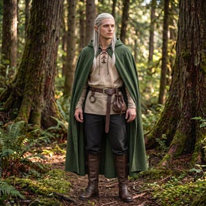 May include: A person with long white hair and pointed ears wearing a long green hooded cloak over a beige lace-up tunic, dark trousers, and brown leather boots. A brown leather belt with a metal buckle holds a small pouch and a circular metal ring.