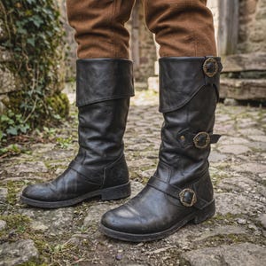May include: A pair of black leather mid-calf boots featuring a fold-over cuff design at the top. Each boot is adorned with three decorative straps, each secured by a circular antique brass-toned metal buckle with intricate embossed detailing.