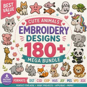 Puede incluir: Un paquete de diseños de bordado digital con más de 180 ilustraciones de animales lindos, incluyendo un gato, cerdo, jirafa, hipopótamo, rinoceronte, zorro, conejo, caballo, león, panda, elefante, unicornio, tortuga, foca y peces con texto descriptivo.