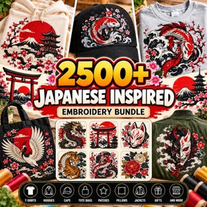Op de afbeelding: Een digitale collectie van 2500+ Japans geïnspireerde borduurontwerpen met motieven zoals koivissen, draken, tijgers, kraanvogels, kersenbloesems, torii-poorten en maskers op hoodies, petten, t-shirts, draagtassen en jassen.