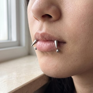 Puede incluir: Un par de piercings labiales en tono plateado con dos puntas cónicas afiladas en el labio superior y dos extremos esféricos lisos en el labio inferior, creando una disposición simétrica de joyería corporal de metal.