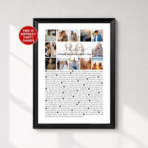 Może przedstawiać: Oprawiony plakat ze zdjęciami zawierający dziesięć pojedynczych fotografii ułożonych w siatkę, z napisem "thirty THINGS WE LOVE ABOUT YOU" pośrodku. Pod zdjęciami znajduje się lista trzydziestu numerowanych sentencji oddzielonych serduszkami.