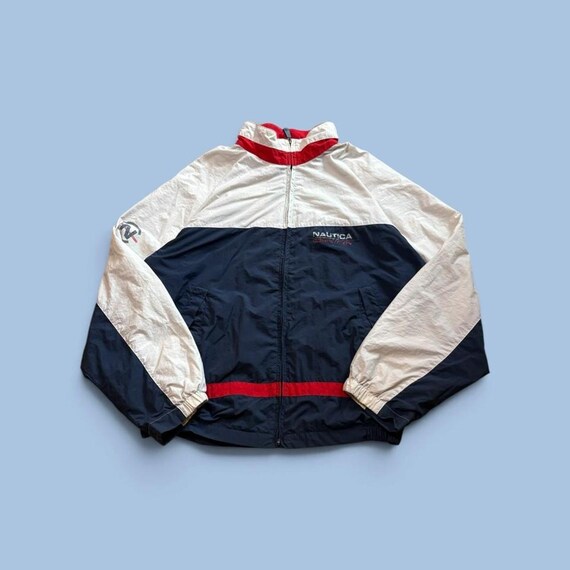 Nautica, Vintage 90s Nautica Competition Windbreaker Jacket Navy White Red Colour Block Full Zip XL