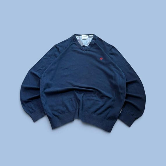 Timberland, Vintage 00s Timberland Jumper Navy V Neck Knit Pullover Red Tree Logo Organic Cotton Mens XL