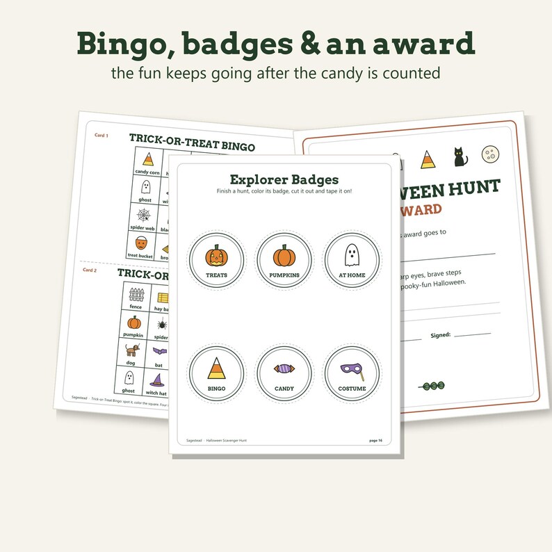 May include: A set of printable Halloween activity sheets featuring Trick-or-Treat Bingo cards, a page of six circular Explorer Badges with icons like pumpkins and candy, and a Halloween Hunt award certificate with text in black and orange.