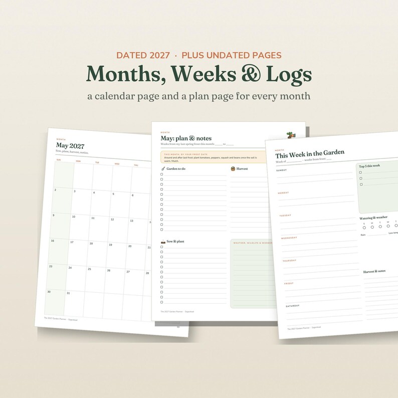 May include: A 2027 planner featuring monthly calendar pages, garden planning sheets, and weekly logs. The pages include text headers like May 2027, May: plan & notes, and This Week in the Garden, with sections for garden to-do lists and harvest tracking.