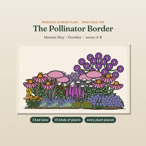 May include: A printable PDF garden plan titled The Pollinator Border, featuring a colorful illustration of various flowers including purple, pink, and yellow blooms. Text includes blooms May-October, zones 4-8, 3 bed sizes, 15 kinds of plants, and every plant placed.
