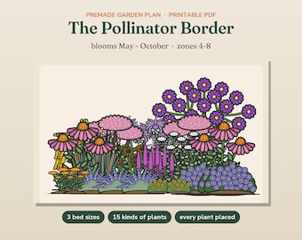 Pollinator Garden Plan, Premade Perennial Garden Design PDF, Native Butterfly Garden Layout, 3 Bed Sizes, Plant List, Printable Plant Plan