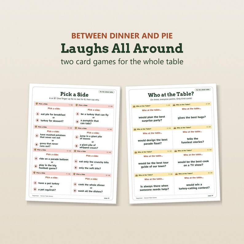 K&ouml;nnte beinhalten: Zwei wei&szlig;e rechteckige Spielkarten mit dem Titel Between Dinner and Pie: Laughs All Around. Die linke Karte enth&auml;lt Pick a Side-Fragen mit A- oder B-Auswahl. Die rechte Karte enth&auml;lt Who at the Table?-Fragen f&uuml;r die Interaktion.
