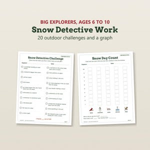 K&ouml;nnte beinhalten: Zwei wei&szlig;e Arbeitsbl&auml;tter mit den Titeln Snow Detective Challenge und Snow Day Count f&uuml;r Kinder von 6 bis 10 Jahren. Das erste Blatt enth&auml;lt 20 Outdoor-Herausforderungen mit Kontrollk&auml;stchen. Das zweite Blatt zeigt ein Diagramm zum Z&auml;hlen von V&ouml;geln, Schneem&auml;nnern, Schlitten, Schaufeln und Hunden.