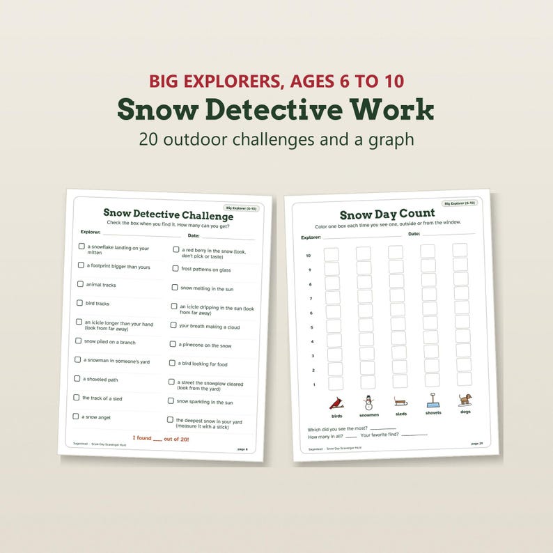 K&ouml;nnte beinhalten: Zwei wei&szlig;e Arbeitsbl&auml;tter mit den Titeln Snow Detective Challenge und Snow Day Count f&uuml;r Kinder von 6 bis 10 Jahren. Das erste Blatt enth&auml;lt 20 Outdoor-Herausforderungen mit Kontrollk&auml;stchen. Das zweite Blatt zeigt ein Diagramm zum Z&auml;hlen von V&ouml;geln, Schneem&auml;nnern, Schlitten, Schaufeln und Hunden.