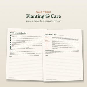 May include: Two pages of a gardening guide titled PLANT IT RIGHT Planting & Care. The left page details From Lawn to Border with numbered steps and a notes section. The right page outlines First-Year Care and Years two and three with notes.