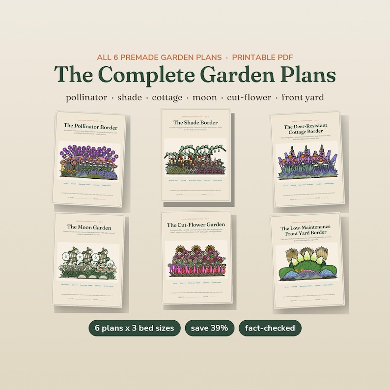 May include: A collection of six printable garden plans titled The Complete Garden Plans, featuring illustrations for a pollinator border, shade border, deer-resistant cottage border, moon garden, cut-flower garden, and low-maintenance front yard border.