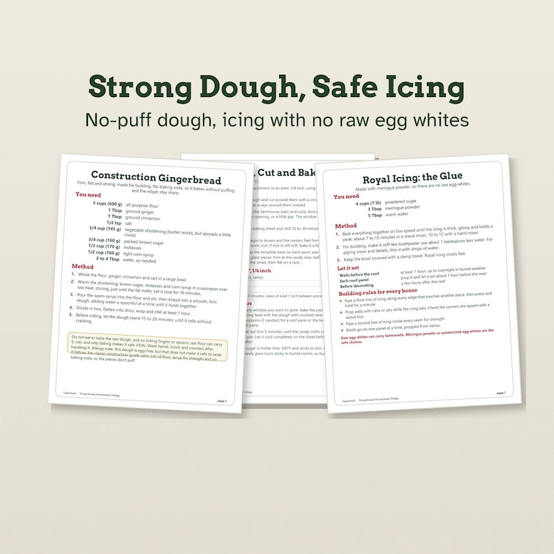 May include: A printed recipe guide titled Strong Dough, Safe Icing featuring instructions for Construction Gingerbread and Royal Icing. The document includes lists of ingredients in cups and grams, step-by-step methods, and tips for building.