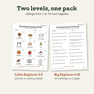 May include: Two printable Thanksgiving activity sheets. The left sheet is a Thanksgiving Day Hunt for ages 3-5 with 12 illustrated items to find and color. The right sheet is a Thanksgiving Day Challenge for ages 6-10 with a checklist of 20 items.