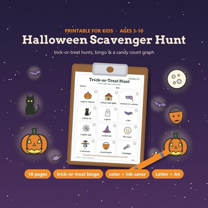 May include: A printable Halloween scavenger hunt activity sheet on a clipboard. The sheet features a grid with icons for a jack-o'-lantern, house, costume, cat, ghost, bat, spider web, witch hat, moon, scarecrow, treat bucket, and flashlight.