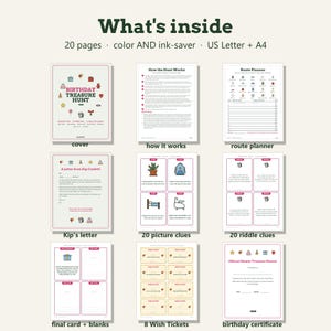 May include: A digital birthday treasure hunt kit featuring 20 pages in color and ink-saver formats, compatible with US Letter and A4 sizes. Includes a cover, instructions, route planner, letter, picture clues, riddle clues, wish tickets, and a certificate.