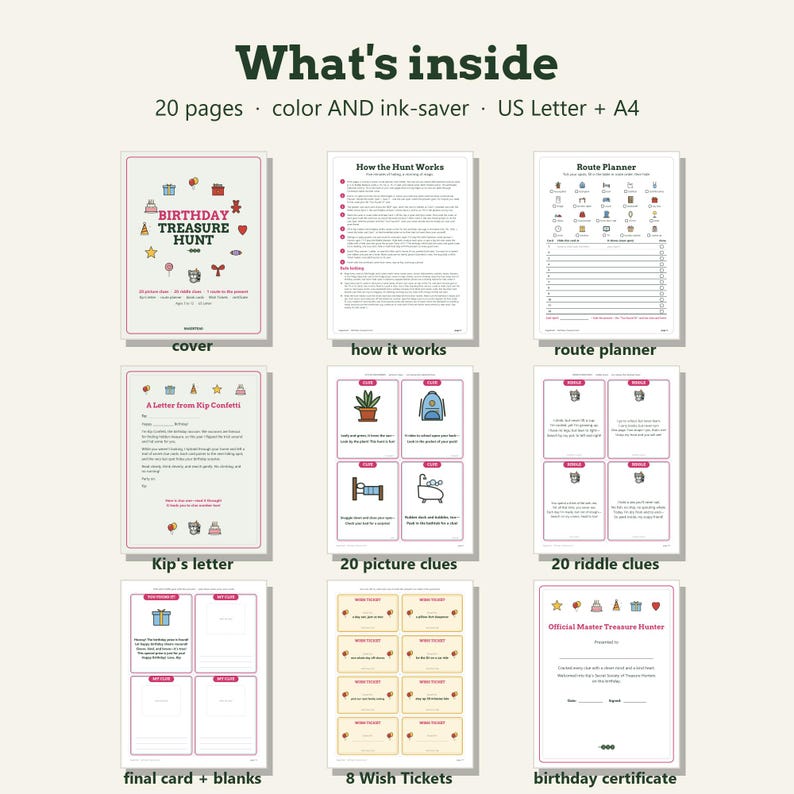 May include: A digital birthday treasure hunt kit featuring 20 pages in color and ink-saver formats, compatible with US Letter and A4 sizes. Includes a cover, instructions, route planner, letter, picture clues, riddle clues, wish tickets, and a certificate.
