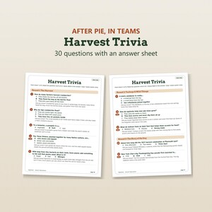 K&ouml;nnte beinhalten: Ein Harvest Trivia Spielset mit 30 Fragen und einem Antwortblatt. Das Dokument enth&auml;lt zwei Seiten mit gedrucktem Text und Multiple-Choice-Fragen zu Erntethemen, darunter Preiselbeeren, K&uuml;rbisse, Truth&auml;hne und historische Fakten.