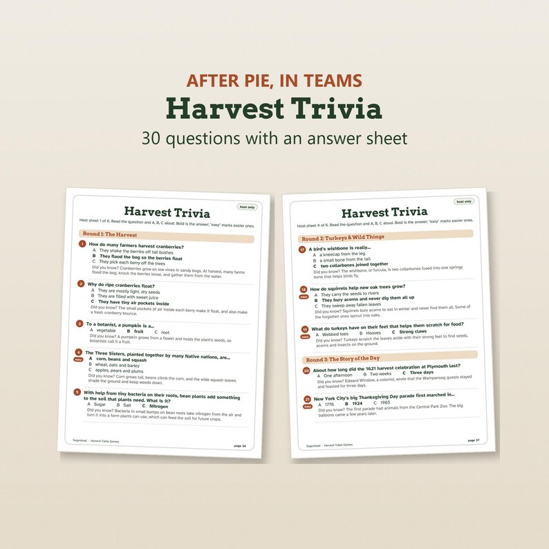K&ouml;nnte beinhalten: Ein Harvest Trivia Spielset mit 30 Fragen und einem Antwortblatt. Das Dokument enth&auml;lt zwei Seiten mit gedrucktem Text und Multiple-Choice-Fragen zu Erntethemen, darunter Preiselbeeren, K&uuml;rbisse, Truth&auml;hne und historische Fakten.