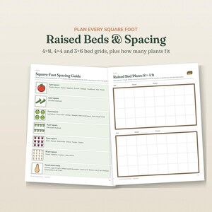 May include: An open planner page titled Plan Every Square Foot Raised Beds & Spacing with 4x8, 4x4 and 3x6 bed grids. The left page shows a Square-Foot Spacing Guide with vegetable icons and counts. The right page features blank 8x4 ft grid charts.