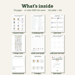 May include: A digital printable set titled What's inside featuring 18 pages in color and ink-saver formats for US Letter and A4 sizes. The collection includes trick-or-treat hunts, challenge lists, a color hunt, bingo cards, a candy count graph, a make your own hunt, a costume journal, explorer badges, and a Halloween hunt award.
