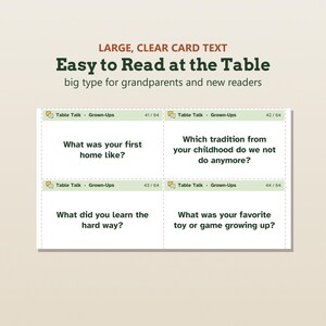 K&ouml;nnte beinhalten: Ein Set aus vier wei&szlig;en Gespr&auml;chskarten mit gr&uuml;nen Kopfzeilen, beschriftet mit Table Talk Grown-Ups. Die Karten zeigen gro&szlig;en schwarzen Text mit Fragen wie What was your first home like und What did you learn.