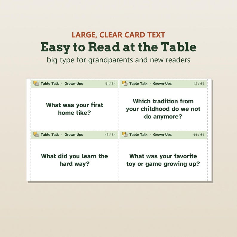 K&ouml;nnte beinhalten: Ein Set aus vier wei&szlig;en Gespr&auml;chskarten mit gr&uuml;nen Kopfzeilen, beschriftet mit Table Talk Grown-Ups. Die Karten zeigen gro&szlig;en schwarzen Text mit Fragen wie What was your first home like und What did you learn.