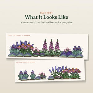 May include: A graphic illustration showing two garden border layouts with the text SEE IT FIRST What It Looks Like a front view of the finished border for every size and FROM THE FRONT, IN SUMMER. The designs feature purple, pink, and green flowers.