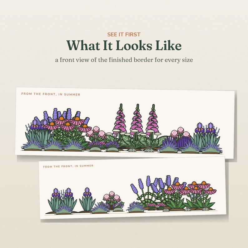May include: A graphic illustration showing two garden border layouts with the text SEE IT FIRST What It Looks Like a front view of the finished border for every size and FROM THE FRONT, IN SUMMER. The designs feature purple, pink, and green flowers.