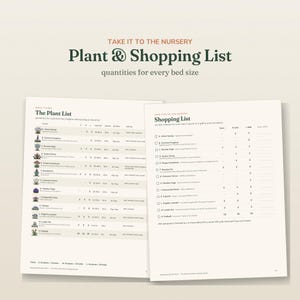 May include: A two-page document titled Take It To The Nursery Plant & Shopping List. The left page lists plants with height and spacing details, while the right page provides a checklist for quantities based on garden bed sizes in inches.