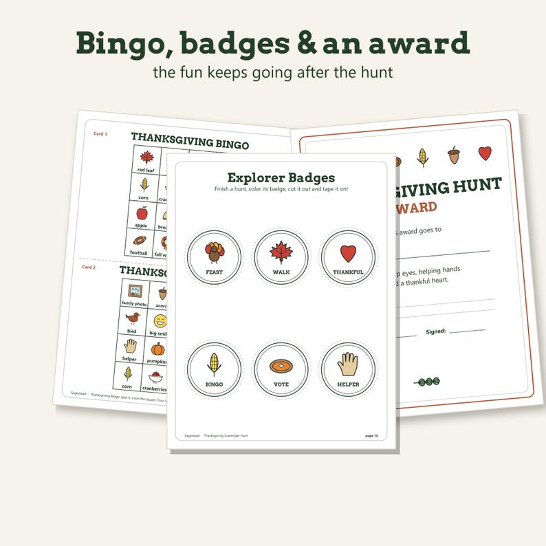 May include: Three printed activity sheets featuring Thanksgiving Bingo cards, a page of circular Explorer Badges with icons like a turkey and leaf, and a Thanksgiving Hunt Award certificate with lines for a name, date, and signature.
