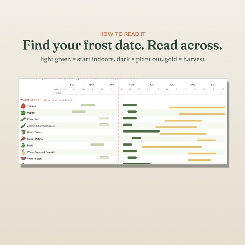 May include: A gardening planting calendar chart titled HOW TO READ IT Find your frost date. Read across. It uses light green for start indoors, dark green for plant out, and gold for harvest, listing vegetables like tomato, pepper, and cucumber.