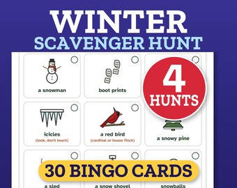 Winterliche Schnitzeljagd für Kinder, 30 Bingo-Karten für Schneetage, Schneemann-Würfelvorlage zum Ausdrucken
