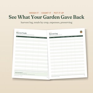 May include: An open garden planner with two pages titled Harvest Totals and Harvest Log. The text reads WEIGH IT &middot; COUNT IT &middot; PUT IT UP, See What Your Garden Gave Back, harvest log, totals by crop, expenses, preserving, and includes a small basket icon.
