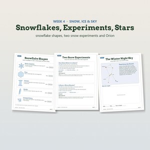 K&ouml;nnte beinhalten: Drei p&auml;dagogische Arbeitsbl&auml;tter mit dem Titel Week 4 Snow, Ice & Sky. Die Seiten enthalten Snowflake Shapes, Two Snow Experiments und The Winter Night Sky, einschlie&szlig;lich Diagrammen von Schneeflockenformen, Experimentanleitungen und einer Sternenkarte von Orion.